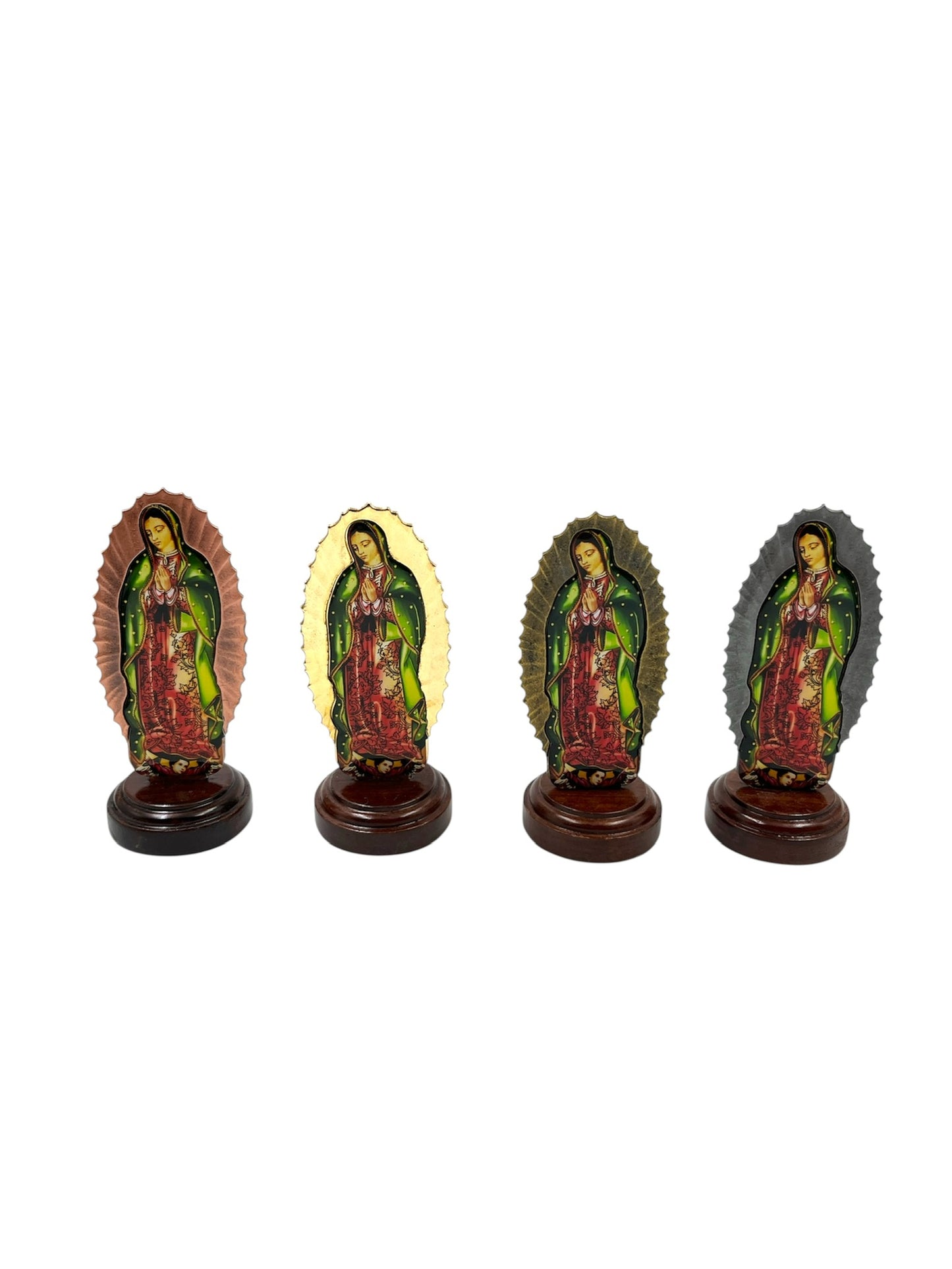 Miniature Our Lady of Guadalupe Statue – 5” Religious Figurine with Spanish Prayer | Brass, Gold, Copper & Silver