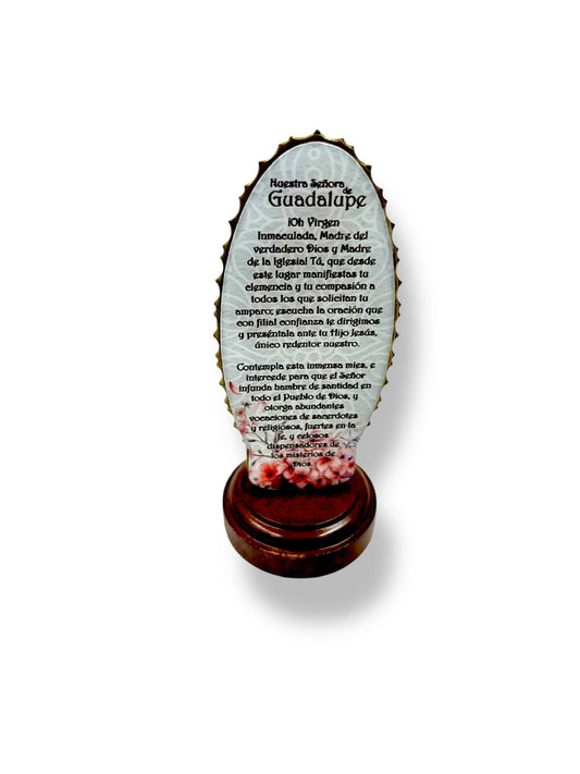 Miniature Our Lady of Guadalupe Statue – 5” Religious Figurine with Spanish Prayer | Brass, Gold, Copper & Silver