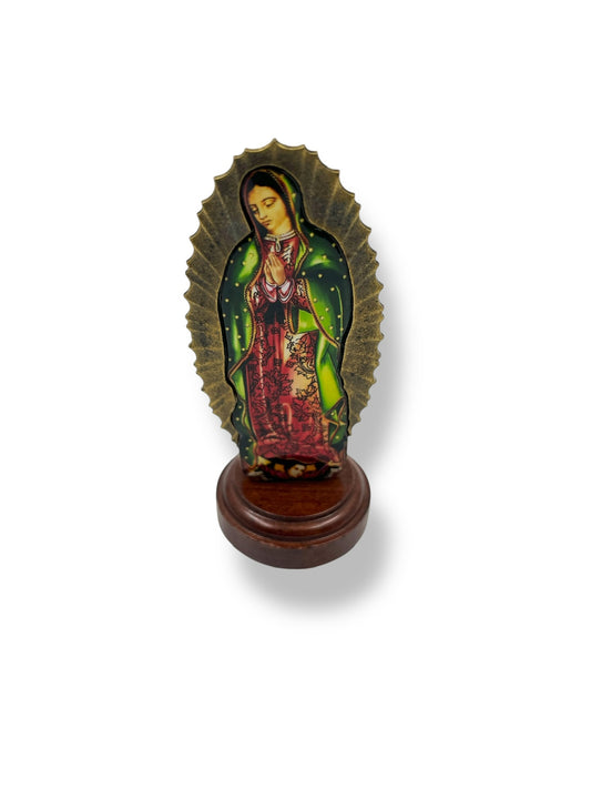 Miniature Our Lady of Guadalupe Statue – 5” Religious Figurine with Spanish Prayer | Brass, Gold, Copper & Silver